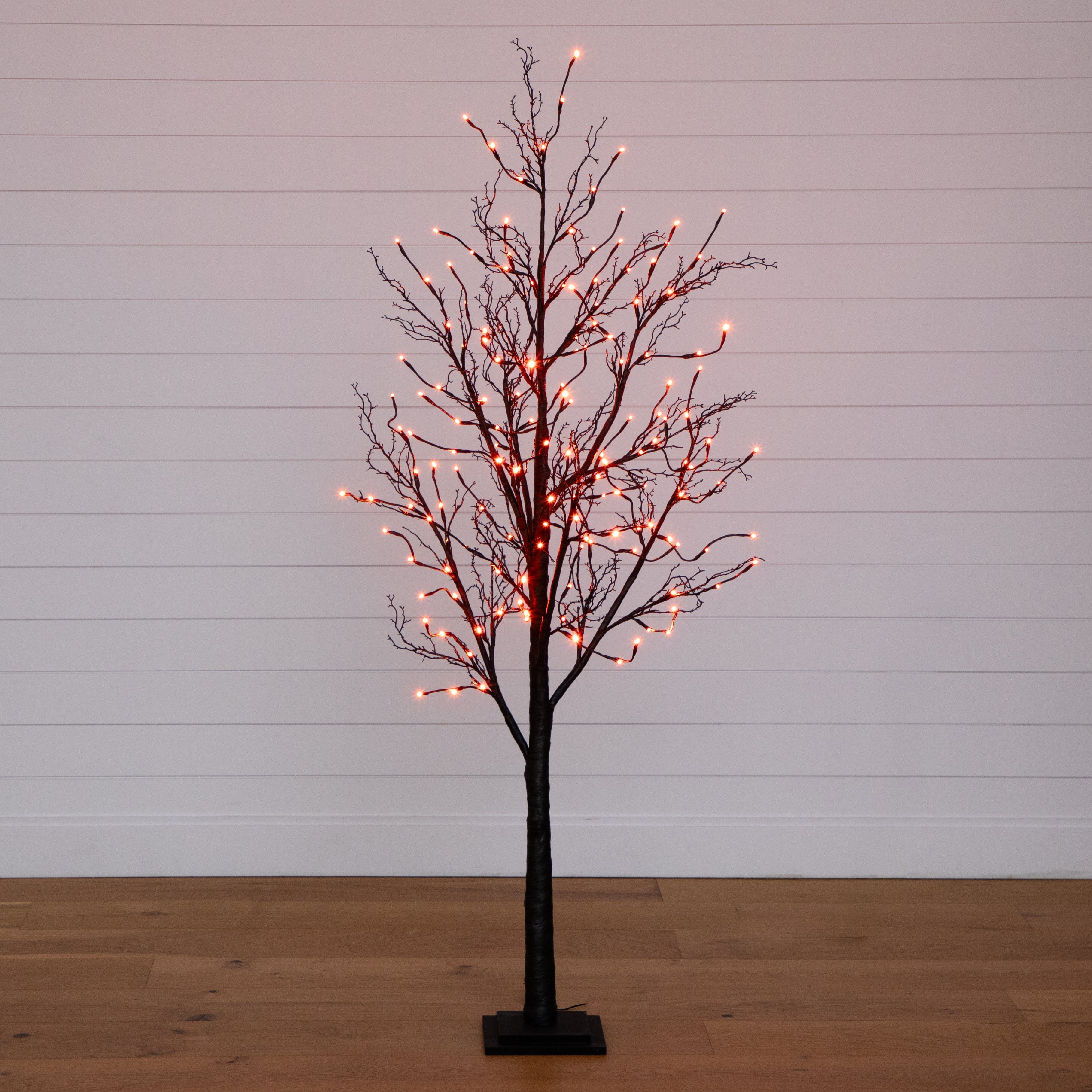6’ Pre-Lit Halloween Black Twig Artificial Fall Tree with 300 Orange & Purple LED Lights | Near... | Nearly Natural