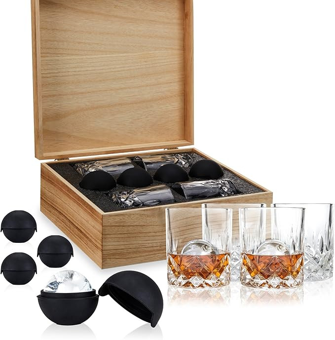 Viski Admiral Whiskey Glass Set - Crystal Old Fashioned Glasses with Ice Spheres in Gift Box - Di... | Amazon (US)