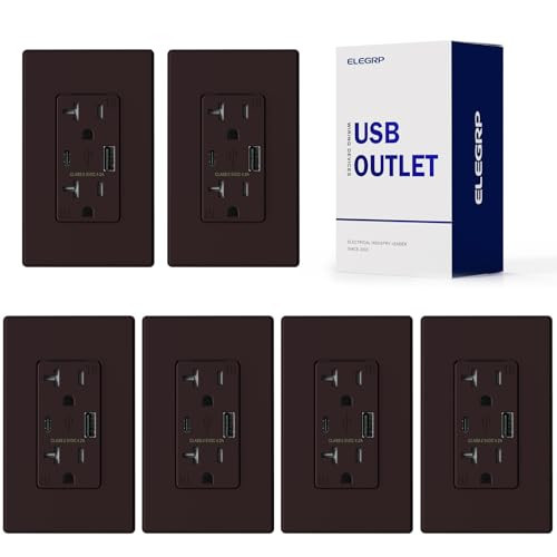 ELEGRP USB Charger NEMA 5-20R Wall Outlet, USB A & C Ports, Tamper Resistant, 20A, Matte Brown, UL Listed, 6 Pack | Amazon (US)