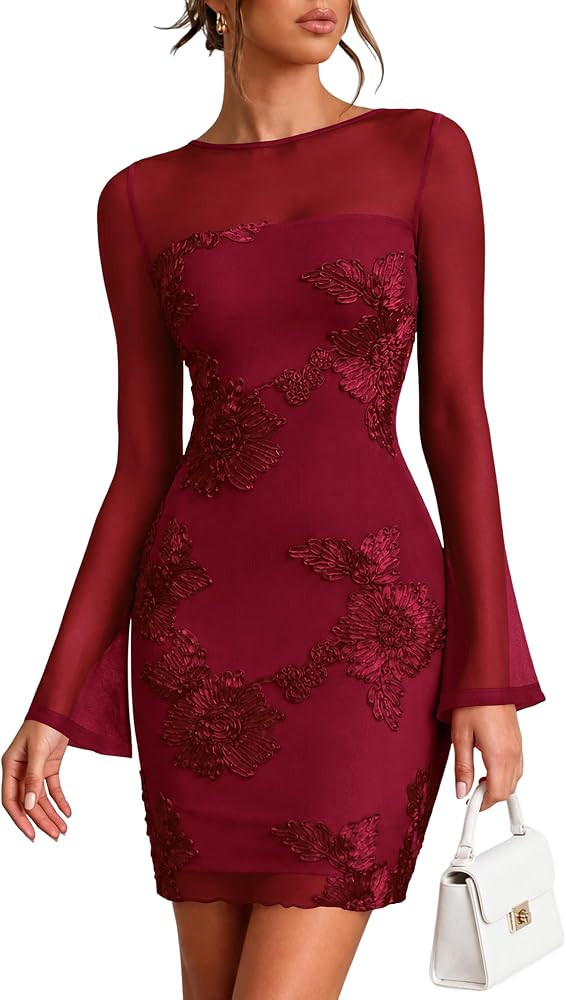 Lazysmile Womens Long Sleeve Floral Mesh Wedding Guest Short Dress | Amazon (US)