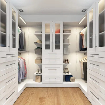 Bestar Florence113w X 61D Modular U Shaped Walk-In Closet System With LED Lights, Rods, Shelves, Drawers, And Doors, Shaker Style | Wayfair North America