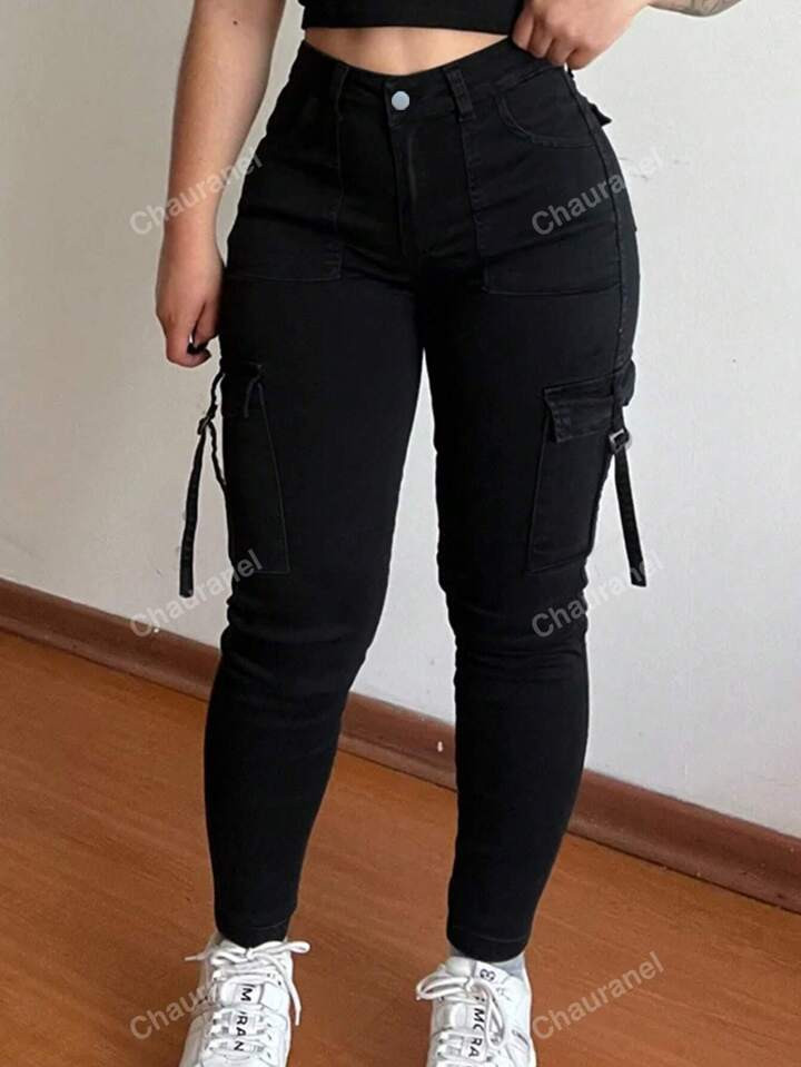 Women's Y2K Fitted Casual Denim Cargo Pants | SHEIN