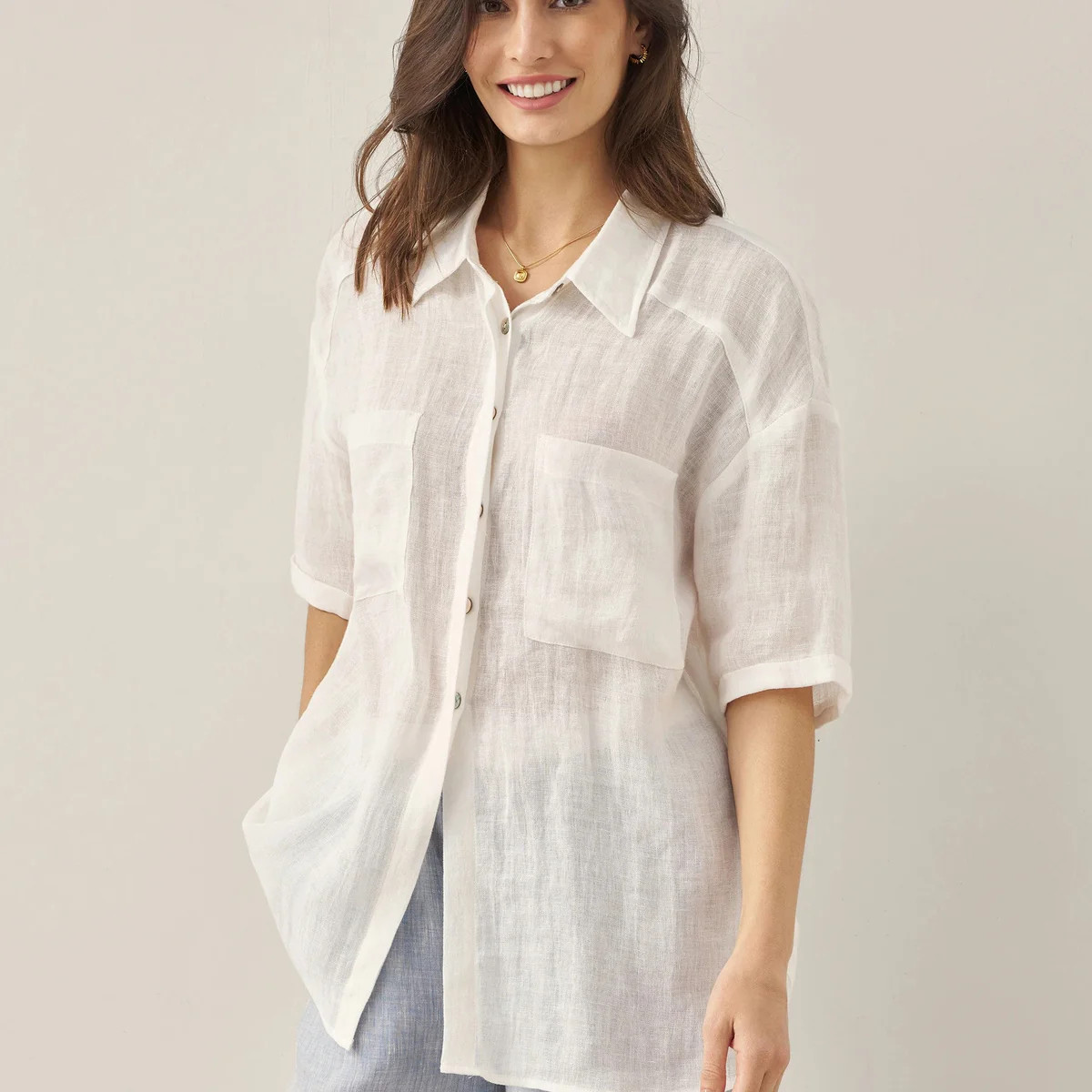 100% Linen Pocket Detail Button-Front Shirt CLARA | LINTICO