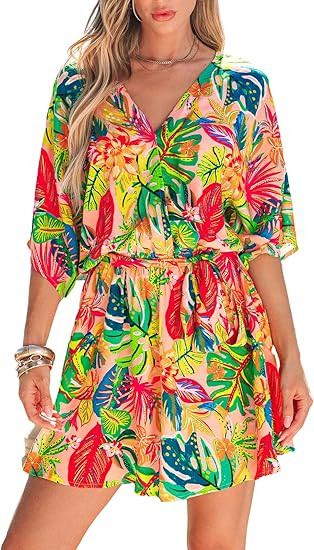 CUPSHE Women's Mini Dress V Neck Floral Half Dolman Sleeve Belted Loose Fit Short Summer Beach Dr... | Amazon (US)