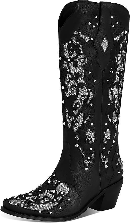 mikarka Glitter Cowboy Boots for Women Mid-Heeled Cowgirl Boots Rhinestones Embroidery Western Mi... | Amazon (US)