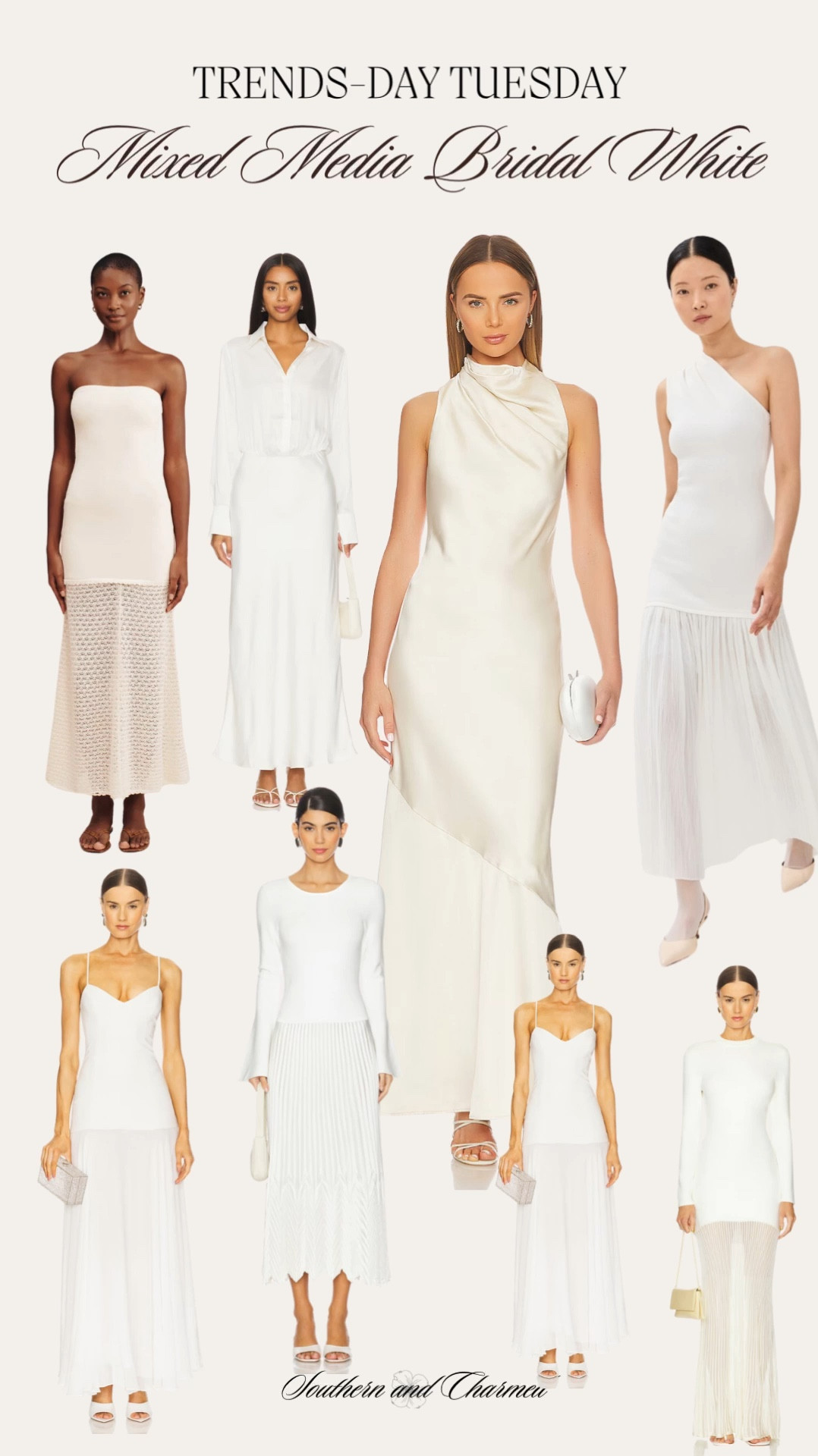 The mixed-media trend is the hottest trend right now and one you will definitely be seeing this spring and summer. Here are some great bridal white options for wedding showers, rehearsal dinners, reception dresses, or honeymoon looks! 