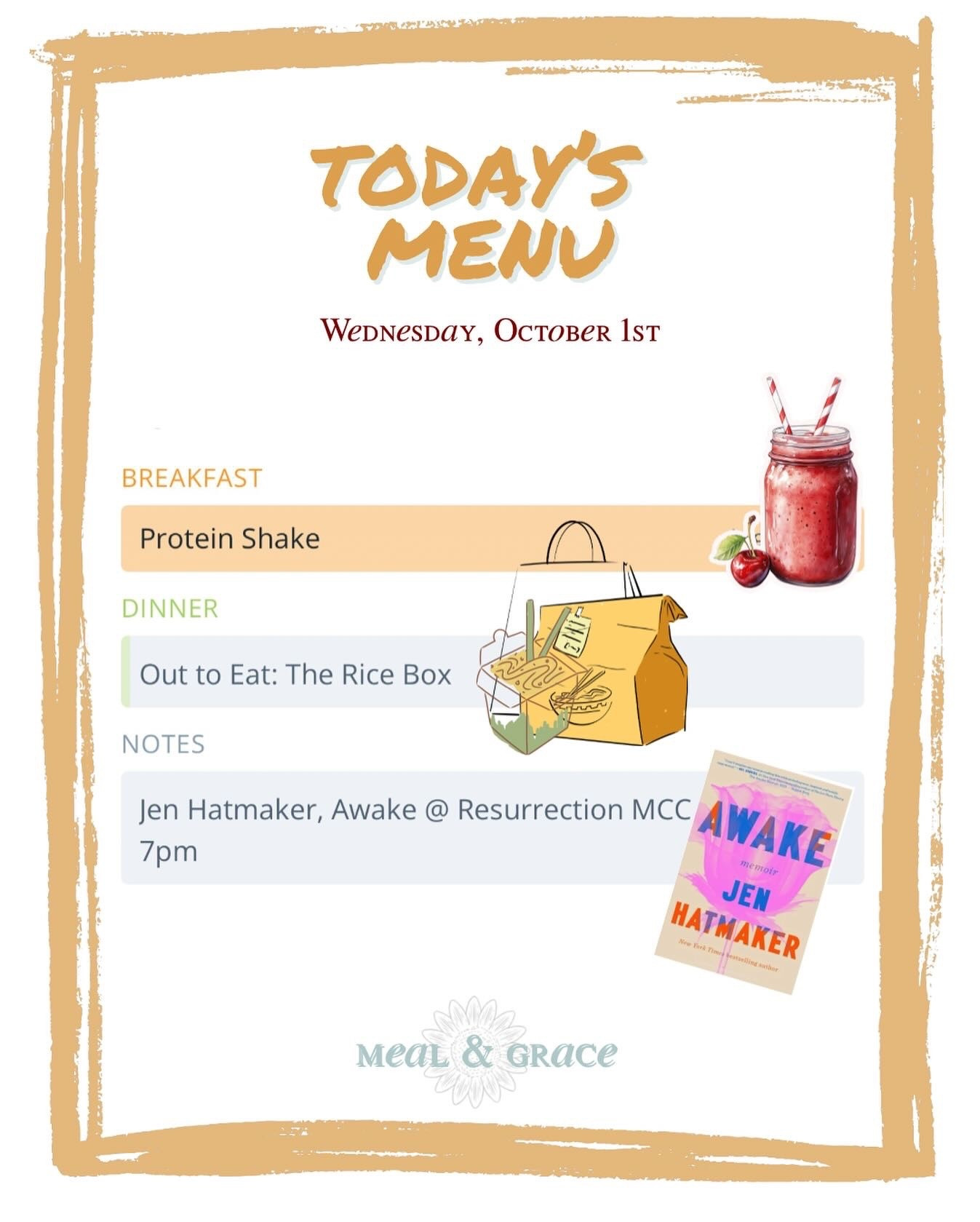 Some nights the menu isn’t in my kitchen, it’s in a takeout box. 🥡✨ Protein shake in the morning, The Rice Box for dinner, and Jen Hatmaker’s Awake to close the day. Sometimes the best recipe is letting someone else cook. Full post on the blog — link in bio @mealandgrace.blog.

What’s on your menu? 

Gracefully yours,
🫶🏻 Jeanie Jo

Want to purchase your copy of Awake? Comment SHOP below to receive a DM with the link to this post on my LTK⬇ https://liketk.it/5pRuV #ltkhome

#LTKOver40 #LTKFindsUnder50