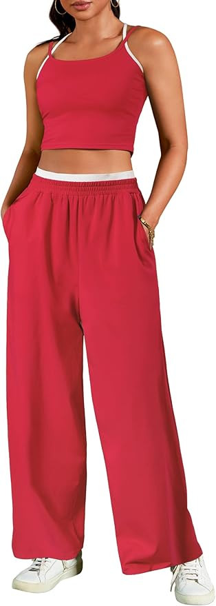 2 Piece Sets for Women Summer Yoga Set Camisole Crop Tank Top Wide Leg Pants Casual Matching Trac... | Amazon (US)