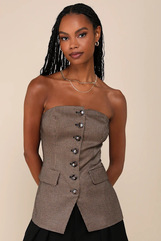 Iconic Status Brown Houndstooth Plaid Strapless Vest Top | Lulus