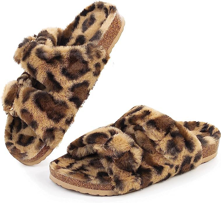 FITORY Womens Open Toe Slipper with Cozy Lining,Faux Rabbit Fur Cork Slide Sandals Size 6-11 | Amazon (US)