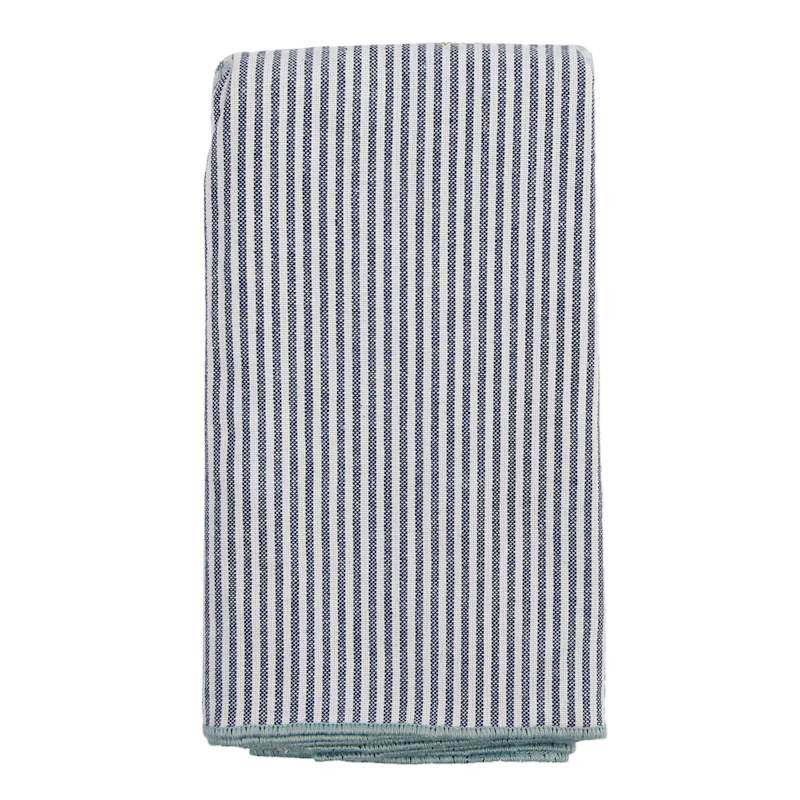 Set of 4 White & Navy Striped Napkins with Light Blue Overlock Edge, 18" | At Home