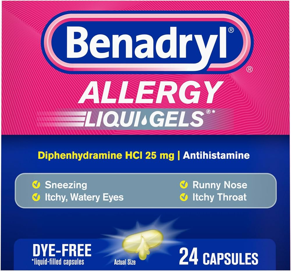Benadryl Liqui-Gels Allergy Medicine, Dye-Free Liquid Gel Capsules with 25 mg of Diphenhydramine ... | Amazon (US)