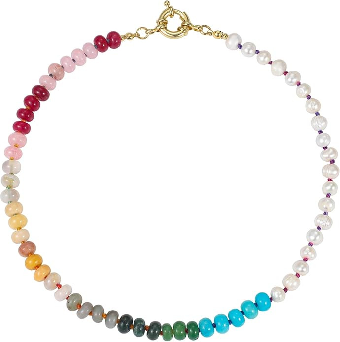 Beaded Gemstone Necklace for Women, Colorful Boho Bead Choker Necklace Natural Stone Freshwater P... | Amazon (US)