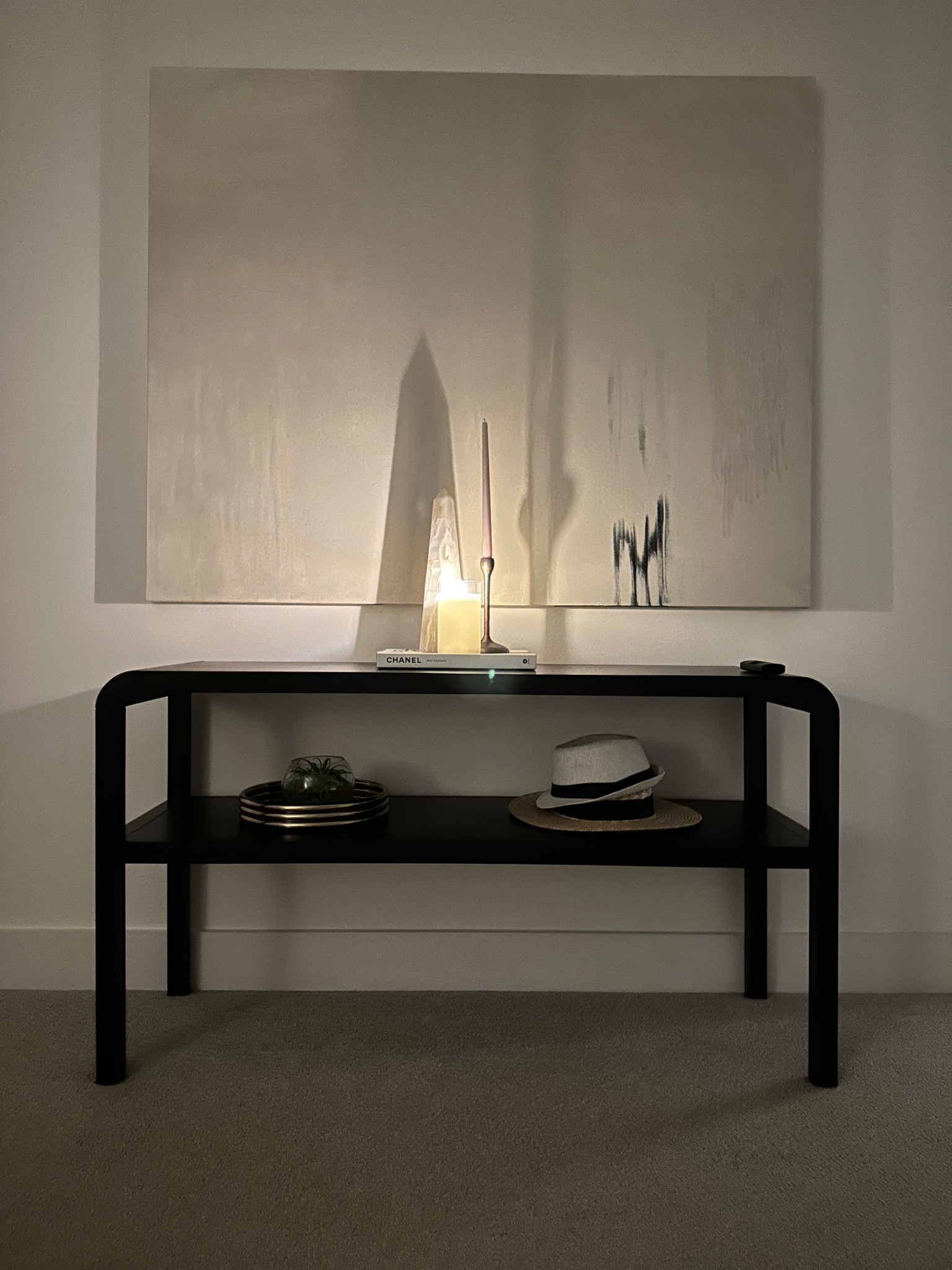 Wood 2 shelf black console table,  with arched corners, high quality flameless ivory candle

#LTKHoliday #LTKHome