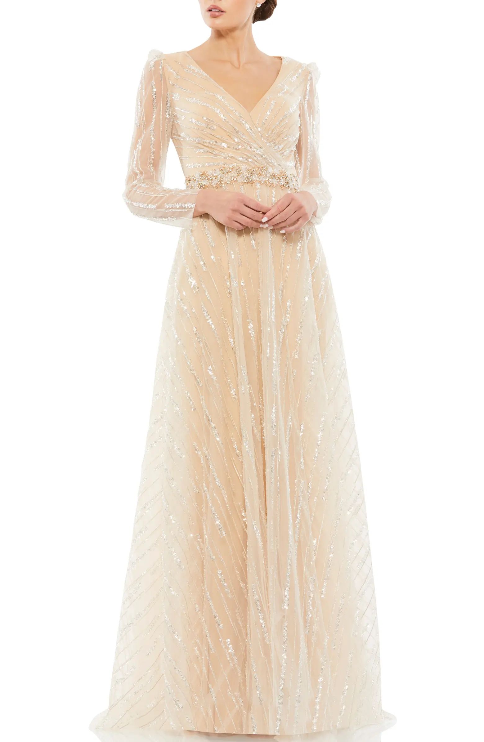 Embroidered Net Long Sleeve A-Line Gown | Nordstrom