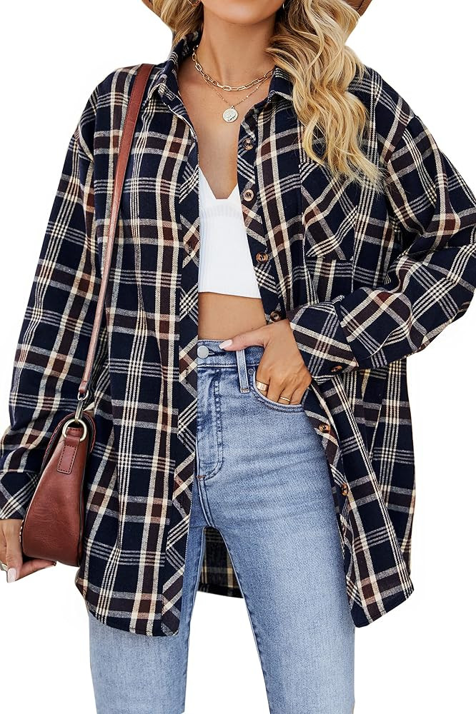 CHYRII Womens Button Down Flannel Shirts Long Sleeve Plaid Shackets Business Casual Blouse Top | Amazon (US)