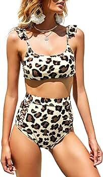 imesrun Womens Two Piece Bikini Leopard Padded Bathing Suit High Waisted Ruffle Swimsuits | Amazon (US)