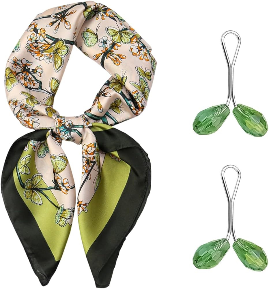 1 Floral Butterfly Silk Scarf And 2 Crystal Silk Scarf Buckles, Satin Oil Painting Small Square S... | Amazon (UK)