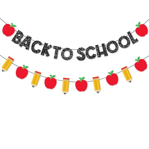 FHGG Pre-Strung Welcome Back to School Decorations Banner Black Glitter First Day of School Garland Pencil Apple for Classroom Teacher Office Home Decor Photo Backdrop Party Favors NO DIY | Amazon (US)