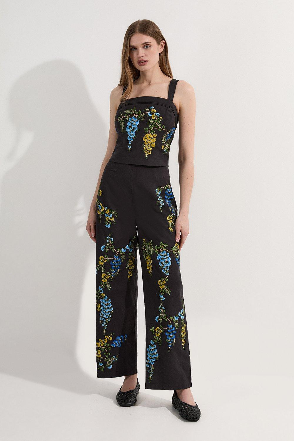Floral Embroidered Cotton Linen Woven Wide Leg Trousers | Karen Millen UK + IE + DE + NL