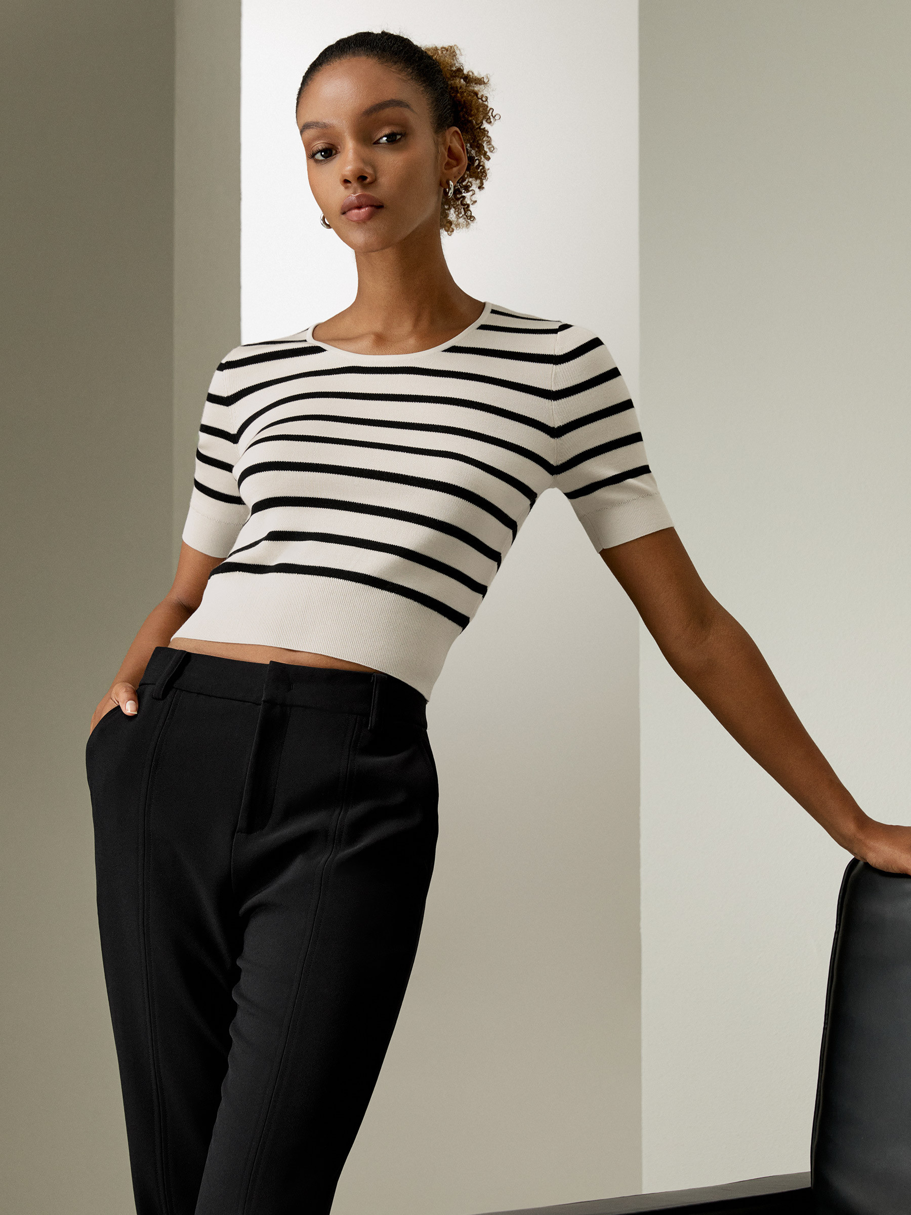 Silk Striped Cropped Knit Top | LilySilk