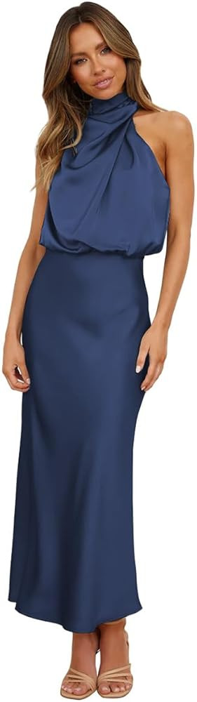 IDOPIP Women Elegant Satin Dress Sleeveless Halter Prom Party Gown Cocktail Bridesmaid Wedding Gu... | Amazon (US)
