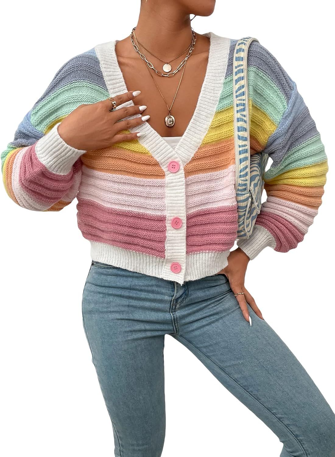 WDIRARA Women's Colorful Open Front V Neck Long Sleeve Crop Cardigan Buttons Loose Knit Sweater C... | Amazon (US)
