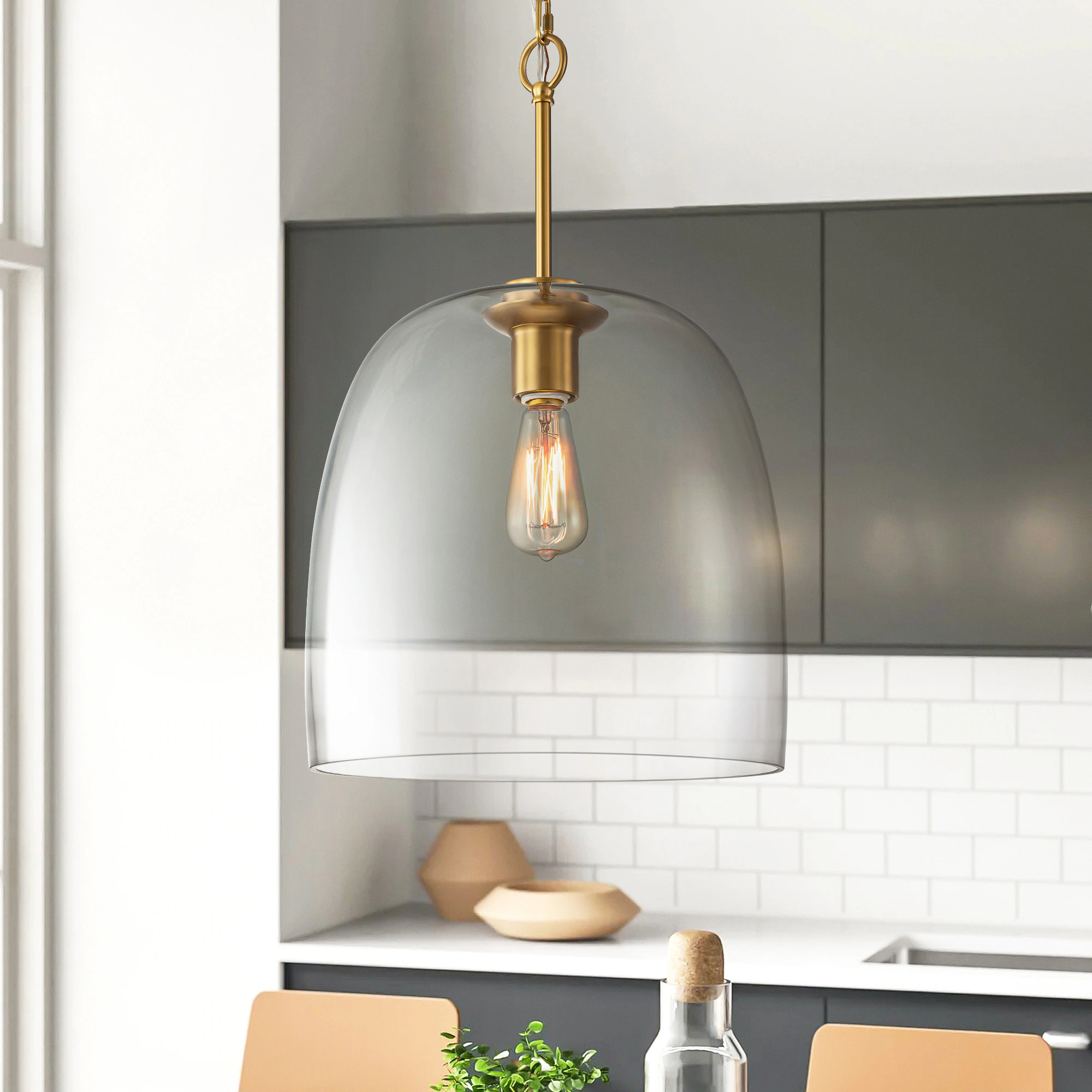 Rennnsan Owen 1 -Light Gold Modern/contemporary Clear glass Bell Medium Hanging Pendant light | PL810147798 | Lowe's