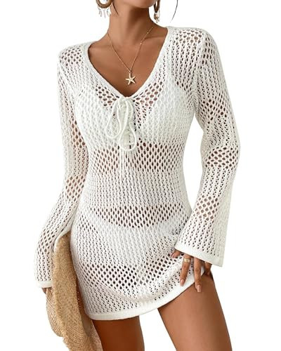 Bsubseach Women Swimsuit Crochet Coverup Long Sleeve V Neck Beach Knit Bathing Suits Cover Ups Mesh Bikini Hollow Out Dress White S | Amazon (US)