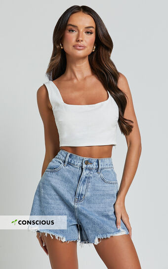 Renee Shorts - High Waisted Frayed Hem Denim Shorts in Light Blue Wash | Showpo (US, UK & Europe)