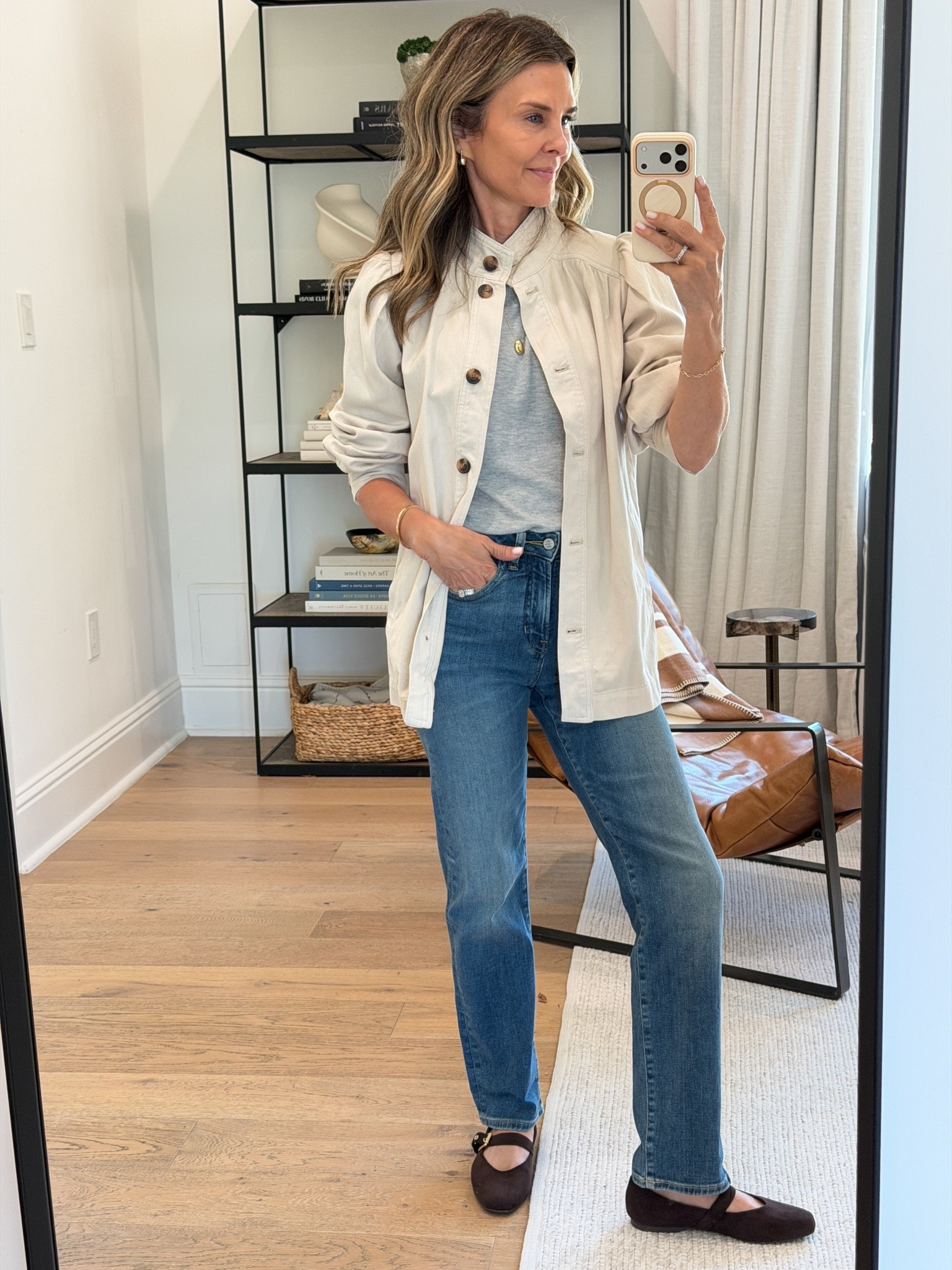 -cotton button jean jacket xs
-basic grey tee xs
-straight blue jeans xs
-suede Mary Jane flats xs

#LTKootd #LTKOver40 #LTKSeasonal