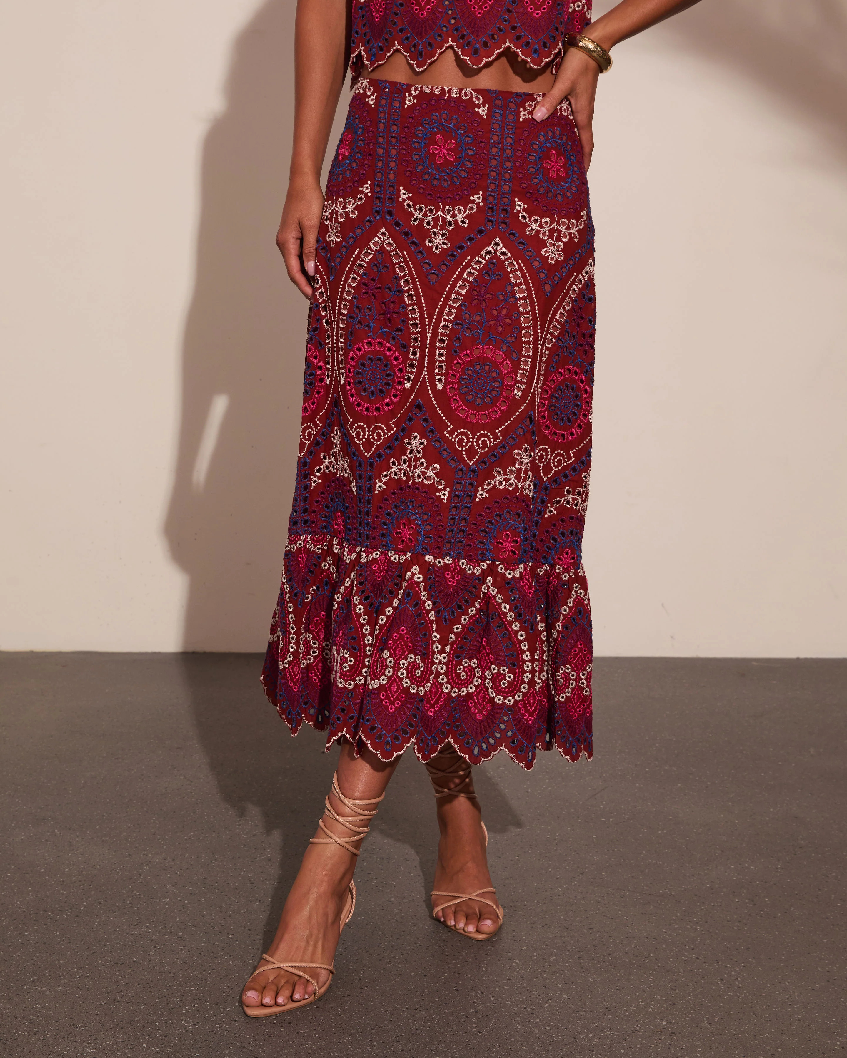 Wild Rhythm Embroidered Abstract Eyelet Midi Skirt | VICI