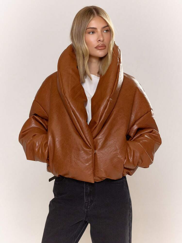 MUSERA Thick Padded Fold Over Collar Faux Leather Jacket Night Out Autumn Fall Winter Back To School Everyday Outerwear | SHEIN