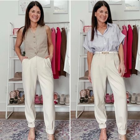 I am styling these Amazon straight leg trouser pant two different ways for the office. I styled them one way with a button down vest and clear and nude slide on heels. The other way I styled them is with a white and gold skinny belt, a button down short sleeve striped top and clear and nude slide on heels.


#LTKWorkwear #LTKStyleTip #LTKFindsUnder100