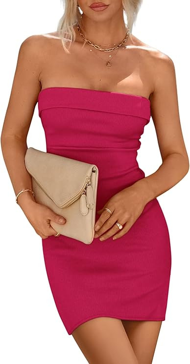 PRETTYGARDEN Tube Spring Dresses for Women 2025 Strapless Off Shoulder Ribbed Knit Bodycon Mini S... | Amazon (US)