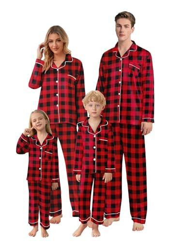 Schbbbta Christmas Family Silk Pajamas Matching Sets Long Sleeve Pj Set Satin Button Down Holiday Sleepwear,Bright Black Red Plaid,Kid, 11-12 Years | Amazon (US)