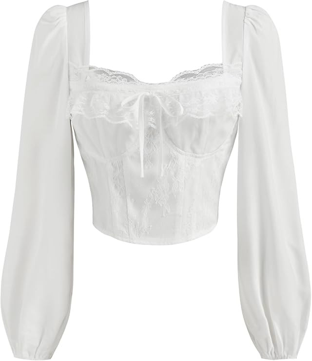 CIDER Long Sleeve Shirts for Women Square Neck Lace Corset Shirred Knotted Slim Fit Long Sleeve B... | Amazon (US)