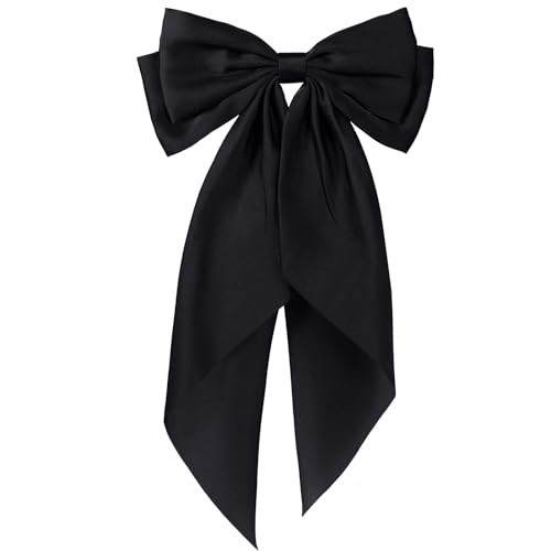 Large Hair Bow, Silky Satin Bowknot Hair Clip, Oversized Long Tail Hair Ribbon Barrette for Women Girls Ponytail Hair Accessories, Black | Amazon (US)