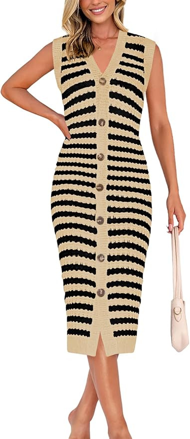 BTFBM Women Casual Summer Dresses Sleeveless Striped Midi Button Down Dress Ribbed Knit Dresses C... | Amazon (US)