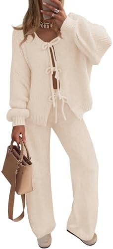 ZESICA Women's 2 Piece Outfits Lounge Pajama Sets 2025 Fall Long Sleeve Cardigans Wide Leg Pants ... | Amazon (US)