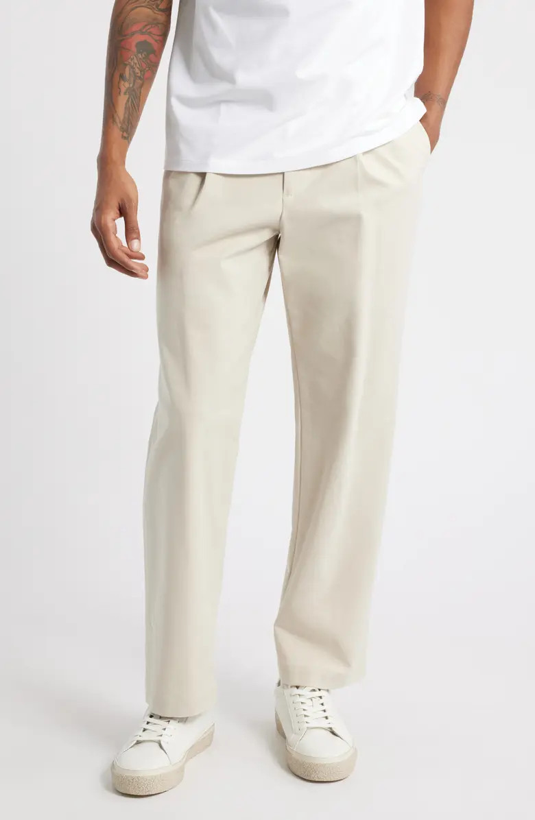 Pleated Straight Leg Stretch Cotton Pants | Nordstrom