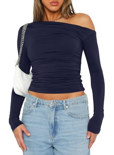 Darong Women's Casual Boat Neck Off Shoulder Long Sleeve Slim Fit Crop Top Going Out Shirts Y2K Tight T Shirts 9026 Dark Blue M | Amazon (US)