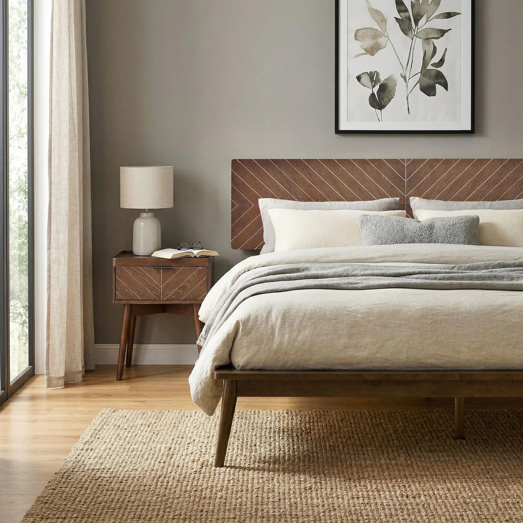 Allforwood Loki Solid Wood Bed Frame King Premium Platform Bed with Chevron Headboard Design and Wood Slat Support Walnut one_size | 902031 | Lowe's