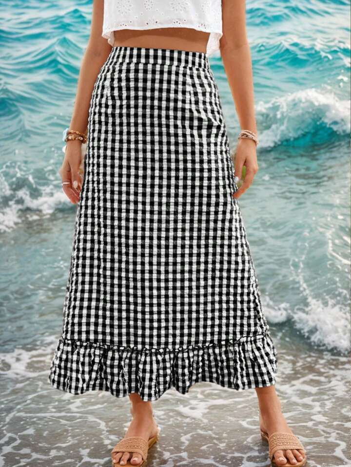 SHEIN VCAY Women's Holiday Gingham Ruffle Hem Summer Skirt | SHEIN USA | SHEIN