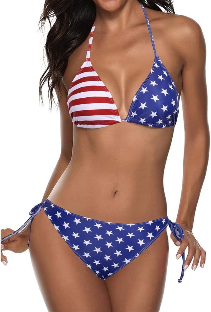 Tempt Me Women Two Piece Halter Padded Top Tie Side Bottom  Bikini Bathing Suit - Flag Bikini | Amazon (US)