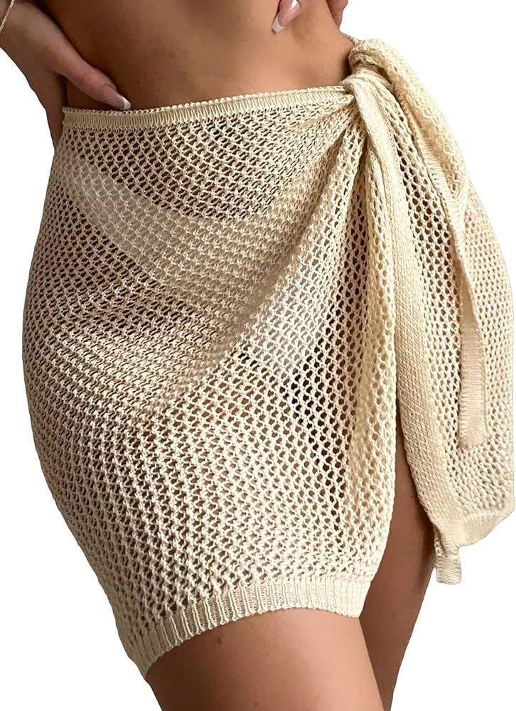 SHENHE Women's Crochet Sarong Coverup Hollow Out Sheer Tie Side Beach Wrap Cover Up Skirt | Amazon (US)