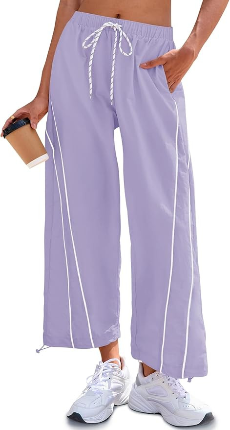 Fisoew Womens Baggy Wide Leg Pants Casual Elastic Waist Drawstring Hiking Workout Cropped Track P... | Amazon (US)