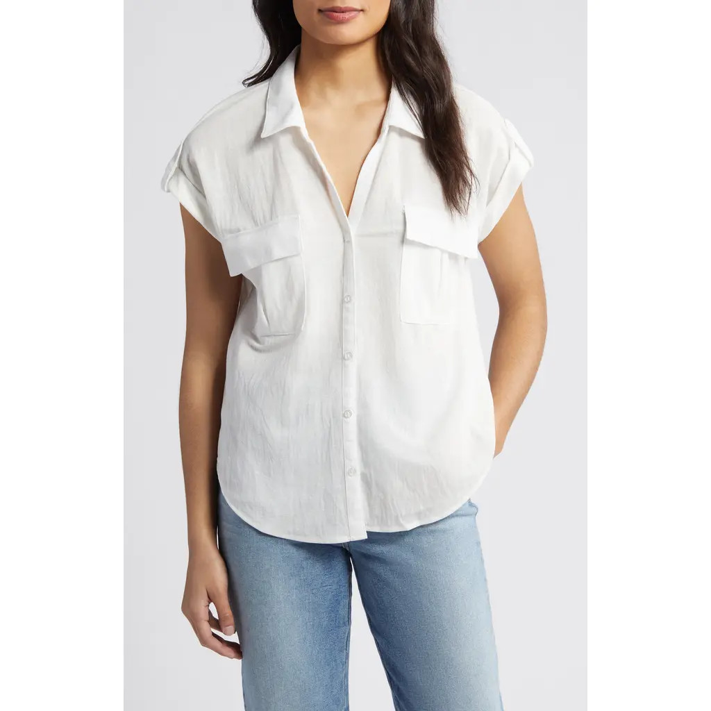 Bobeau Utility Short Sleeve Button-Up Shirt in White at Nordstrom, Size Small | Nordstrom