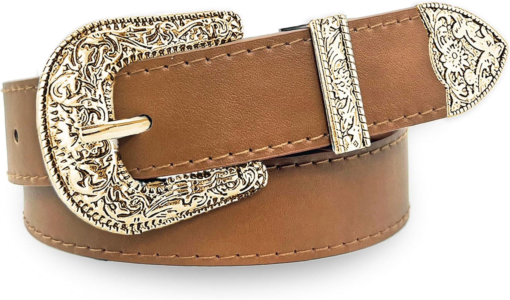 Western Cowboy Cowgirl Belt for Women, Engraved Buckle PU Leather Belt for Jeans & Dresses, 1.1" ... | Amazon (US)