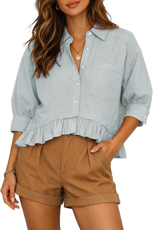 CHYRII Womens Summer Tops Dressy Casual Blouse Top Ruffled Short Sleeve Button Down Striped Shirt | Amazon (US)